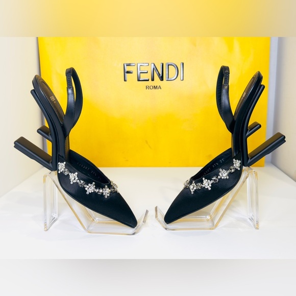 Fendi First Slingback Heels Black Satin With Nero Crystal Size 37.5 Retail$1790 - Picture 2 of 16
